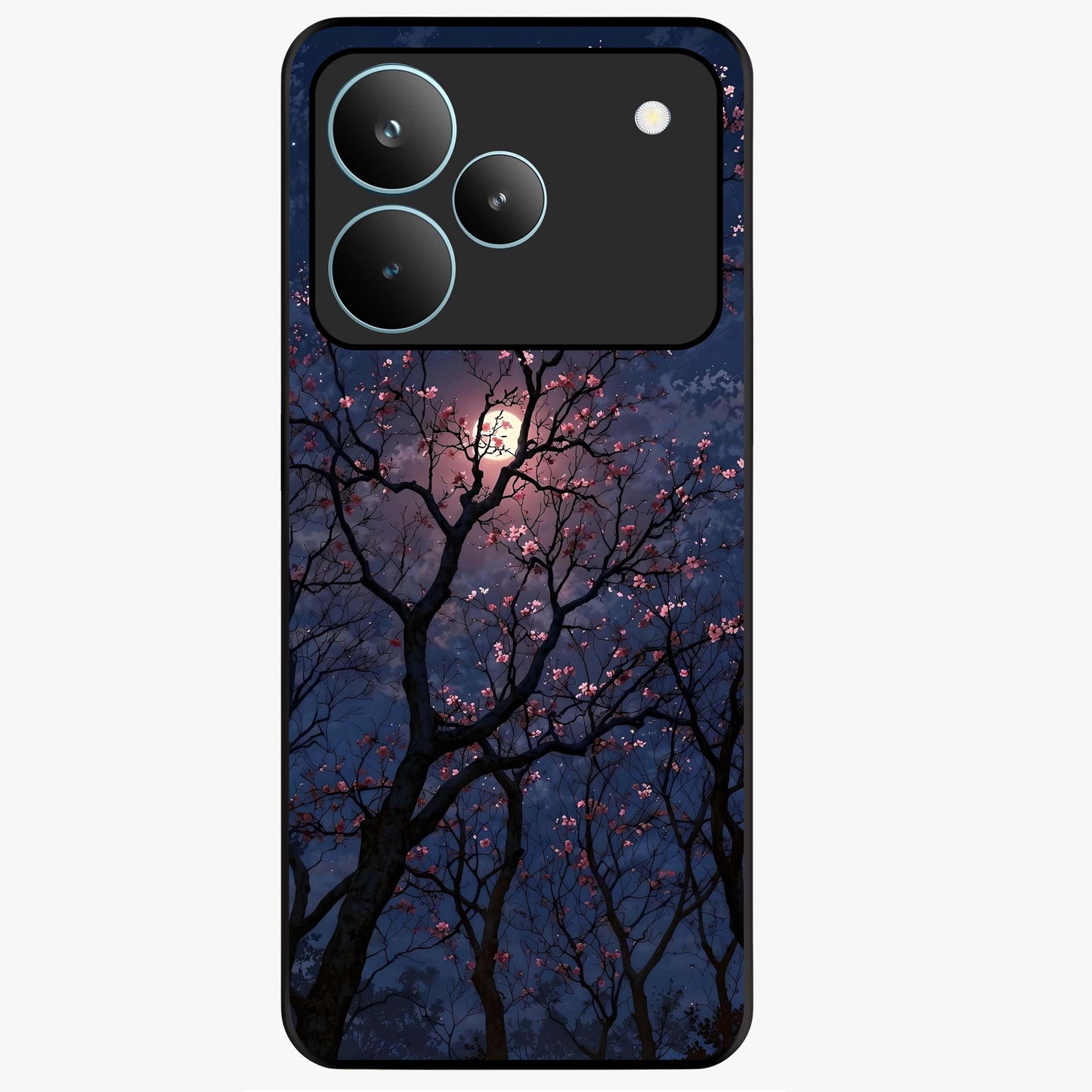 Twilight Sakura Serenade Glass Case showing flat back view with cherry blossom artwork at twilight and glossy glass finish.