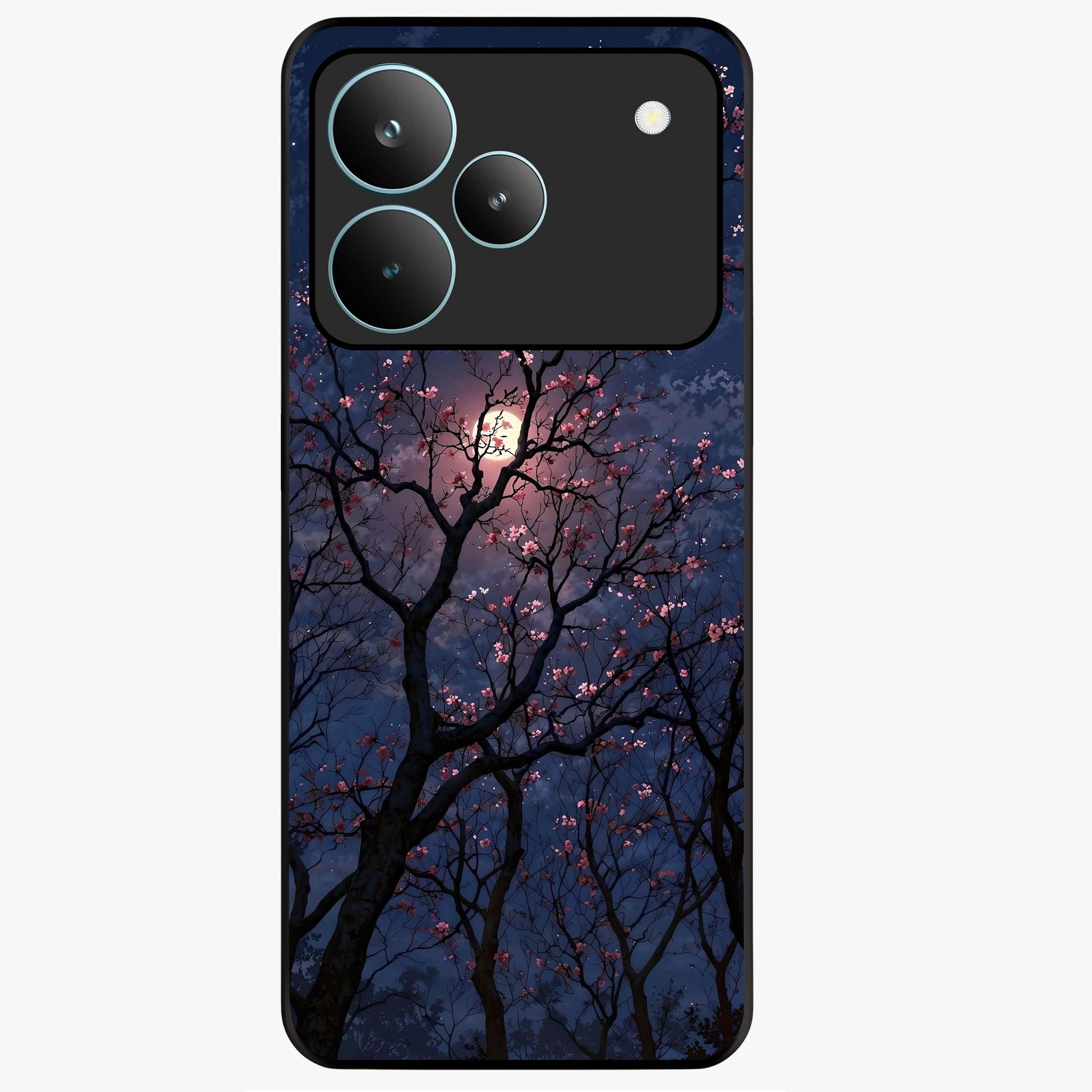 Twilight Sakura Serenade Glass Case showing flat back view with cherry blossom artwork at twilight and glossy glass finish.