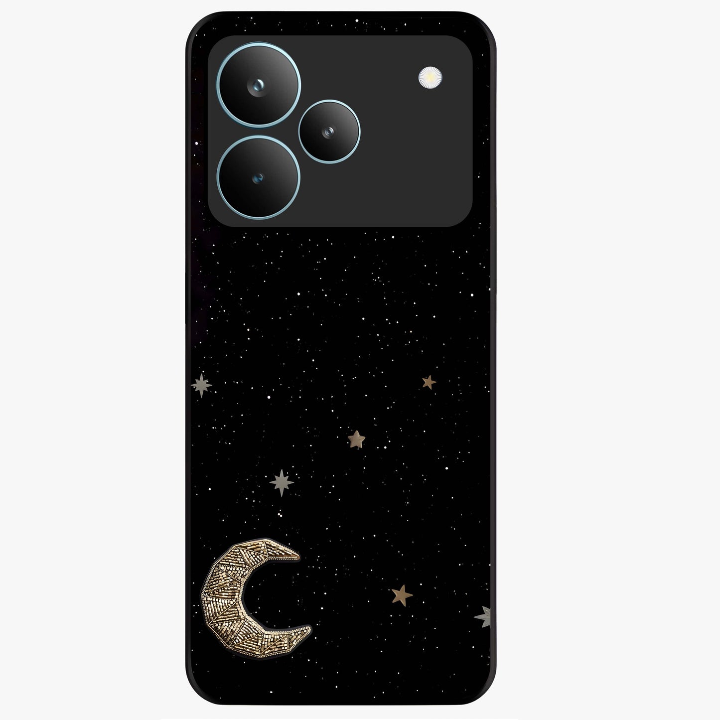 Twinkle Star With Half Moon Glass Case showing flat back view with star and half moon artwork and glossy glass finish.