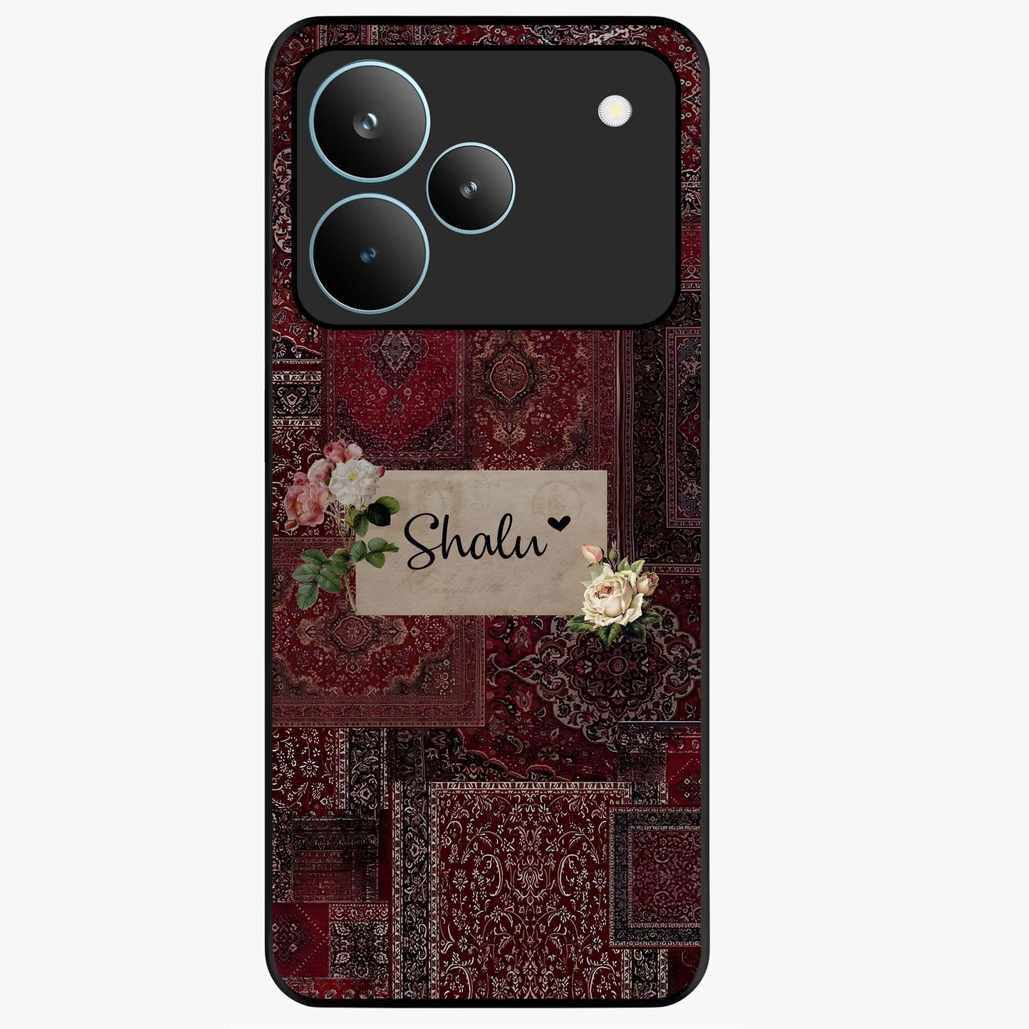 Velvet Wine Pattern Custom Name Glass Case showing flat back view with elegant wine colored pattern artwork and personalized name design.