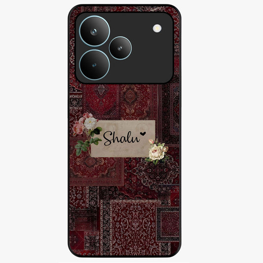 Velvet Wine Pattern Custom Name Glass Case showing flat back view with elegant wine colored pattern artwork and personalized name design.