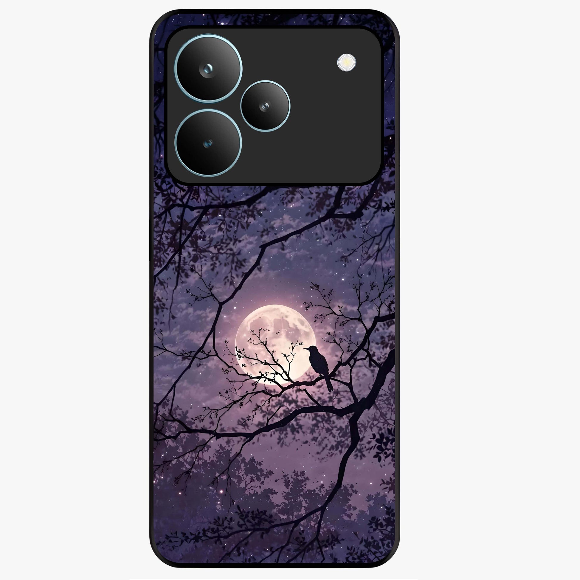 Whispering Moon Silence Glass Case showing flat back view with serene moon themed artwork and glossy glass finish.
