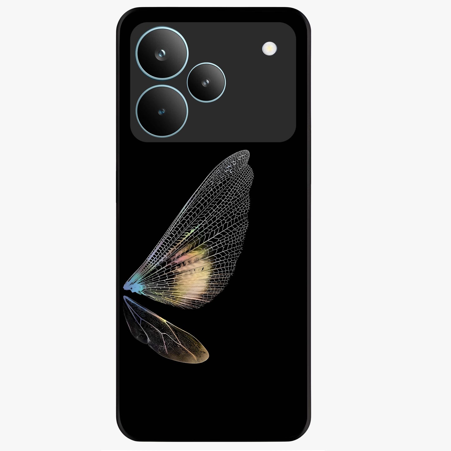Whispers Of Wings Glass Case showing flat back view with graceful wing inspired artwork and glossy glass finish.