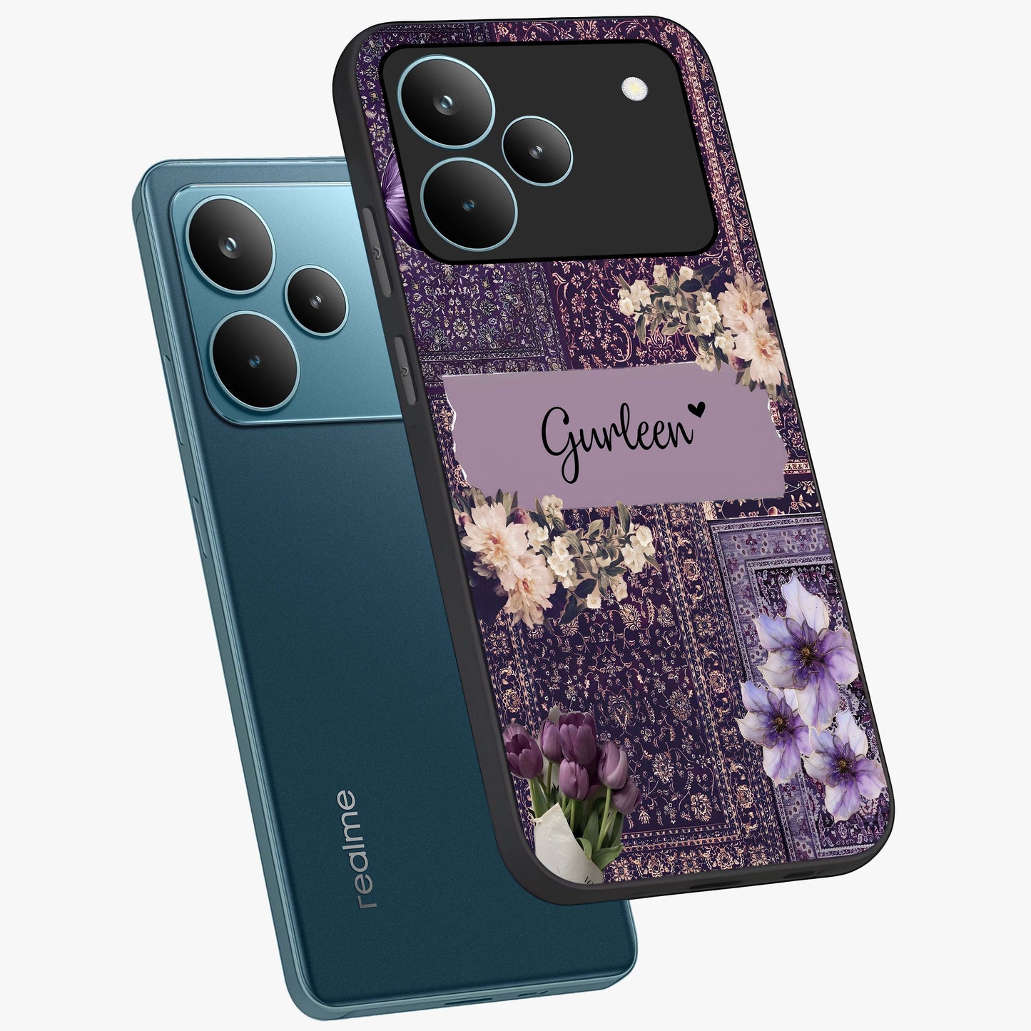 Antique Floral Whisper Custom Name Glass Case displayed in angled mockup highlighting elegant antique floral aesthetic.