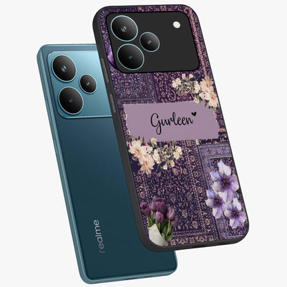 Antique Floral Whisper Custom Name Glass Case displayed in angled mockup highlighting elegant antique floral aesthetic.