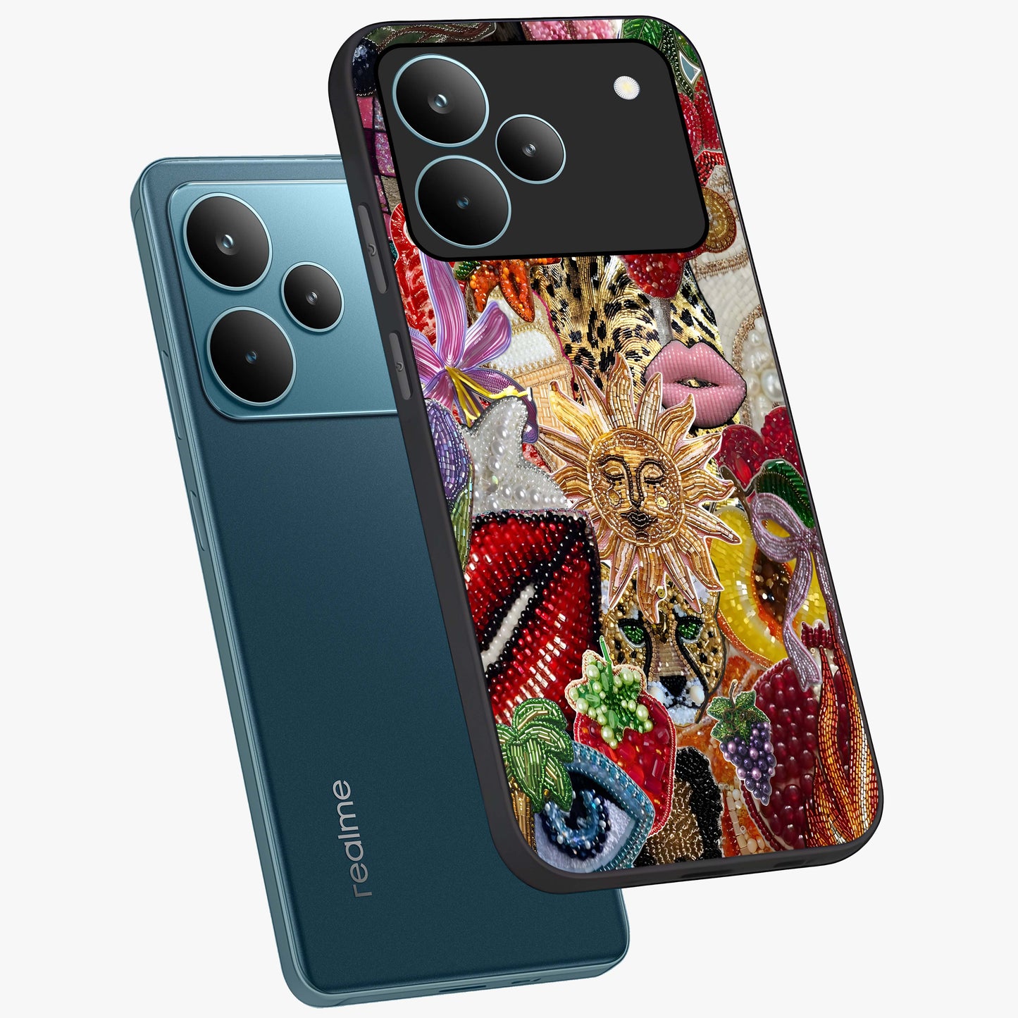 Beaded Fashion Jungle Glass Case displayed in angled mockup highlighting colorful fashion bead design and artistic pattern.