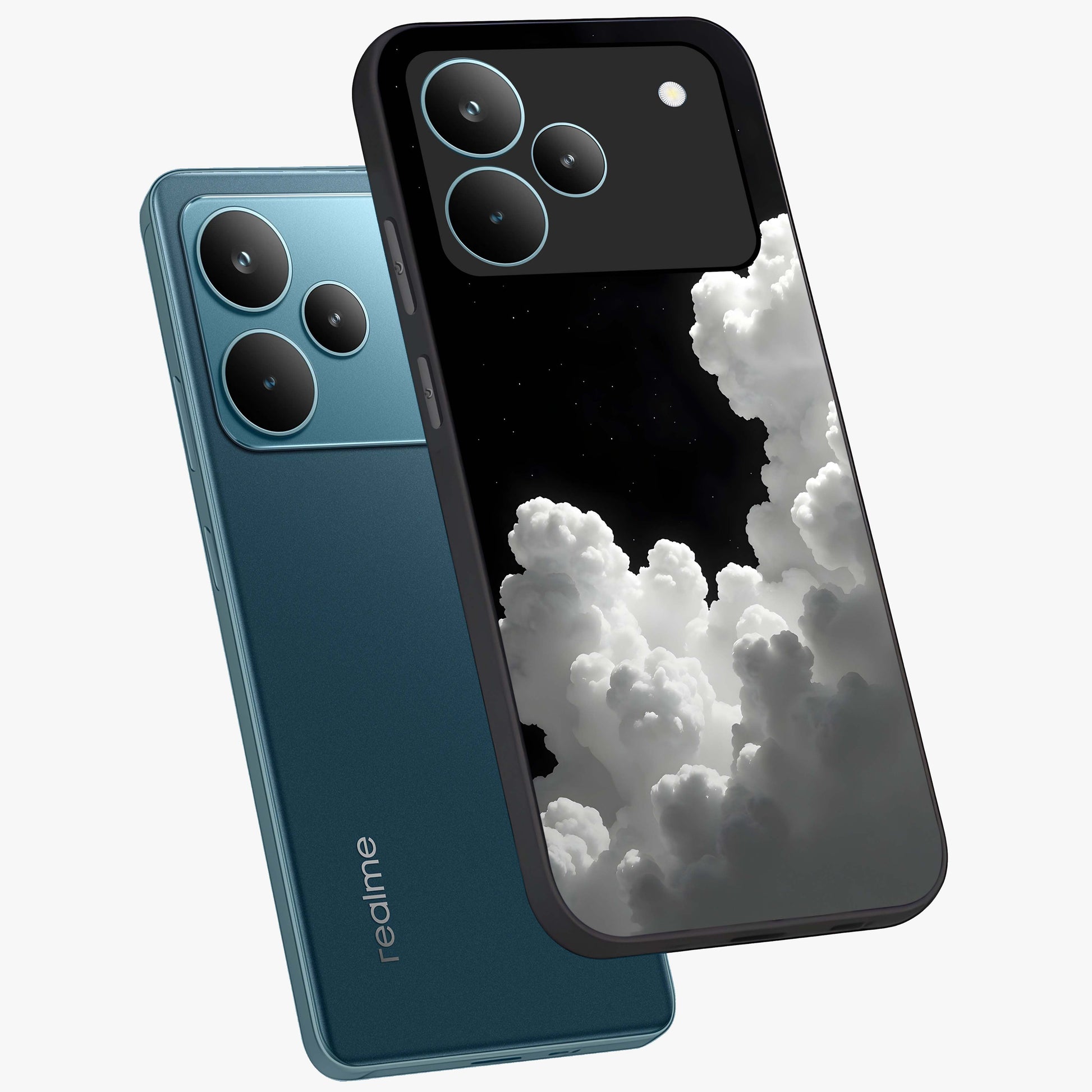 Black Background With White Cloud Glass Case displayed in angled mockup highlighting soft white cloud illustration and minimal design.