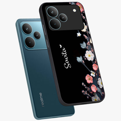 Black Elegance Floral Custom Name Glass Case displayed in angled mockup highlighting dark floral aesthetic and custom name feature.