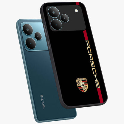 Black Minimal Porsche Glass Case displayed in angled mockup highlighting modern minimal car illustration and clean aesthetic design.