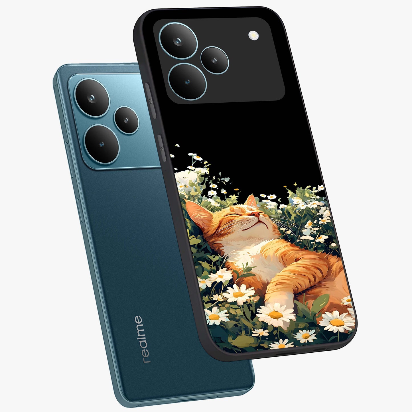 Blissful Bloom Cat Glass Case displayed in angled mockup highlighting playful feline illustration with soft floral aesthetic.