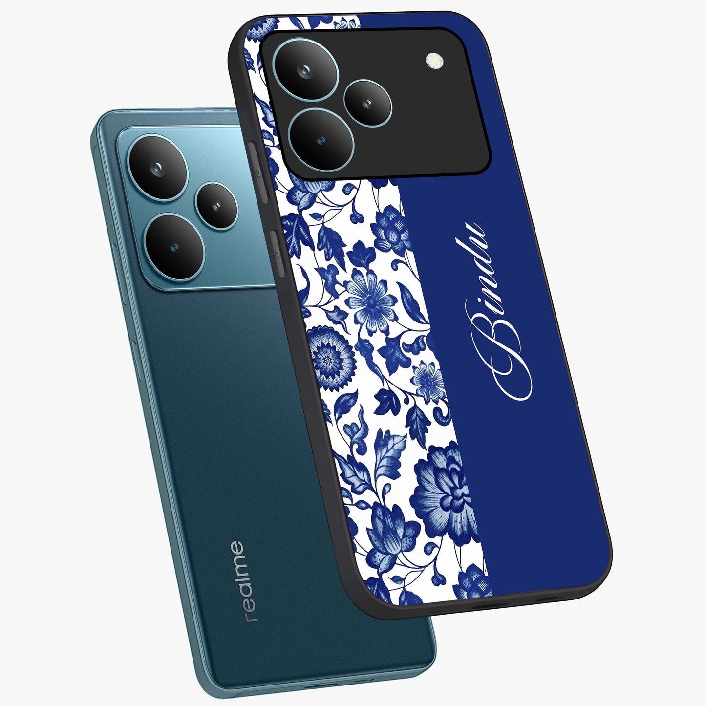 Blue Vintage Floral Pattern Glass Case displayed in angled mockup highlighting subtle bloom pattern with aesthetic pastel design.