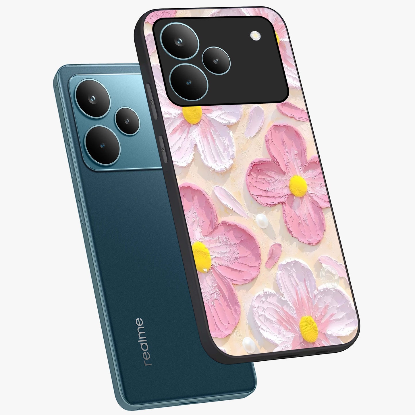Blush Bloom Texture Glass Case displayed in angled mockup highlighting subtle bloom pattern with aesthetic pastel design.