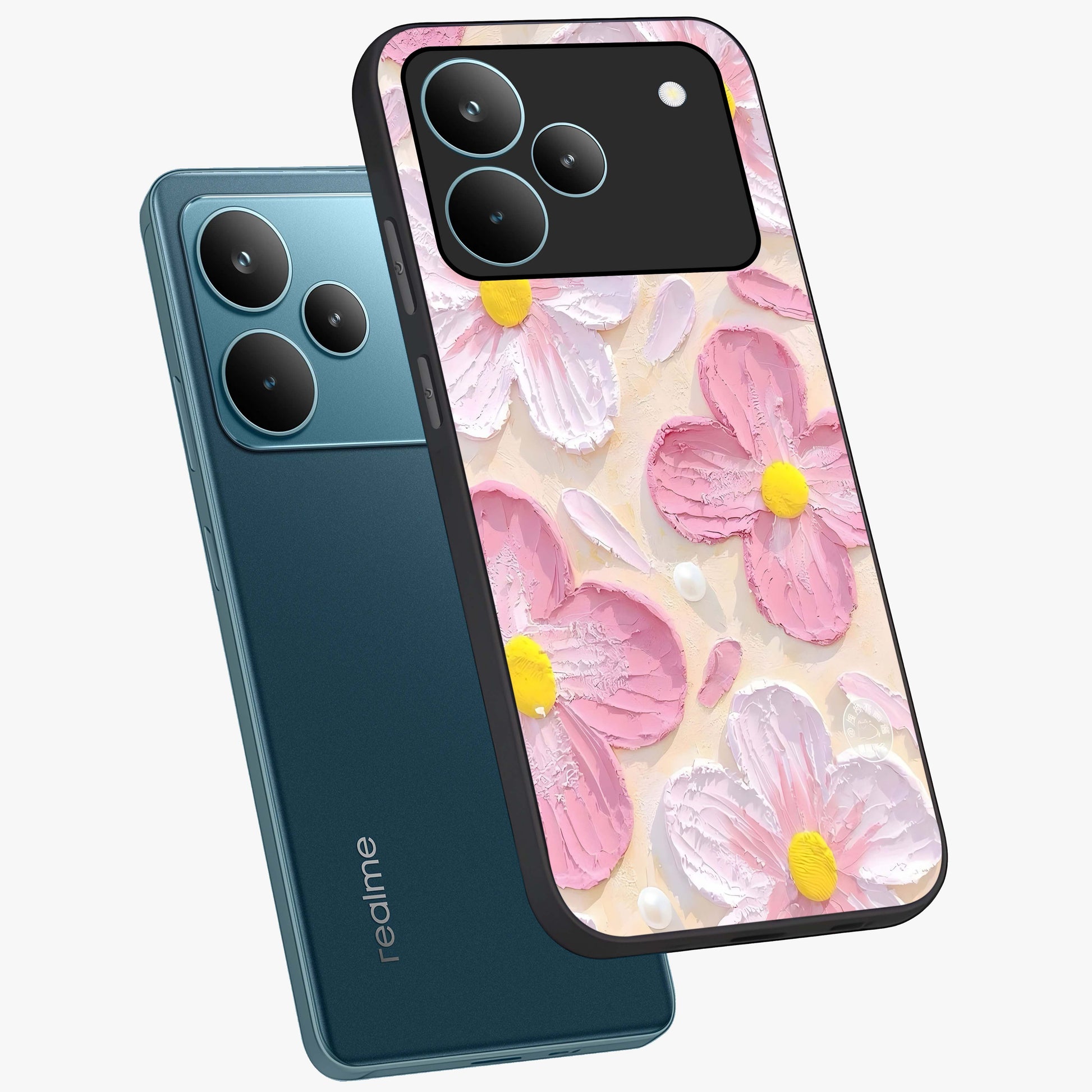 Blush Bloom Texture Glass Case displayed in angled mockup highlighting subtle bloom pattern with aesthetic pastel design.
