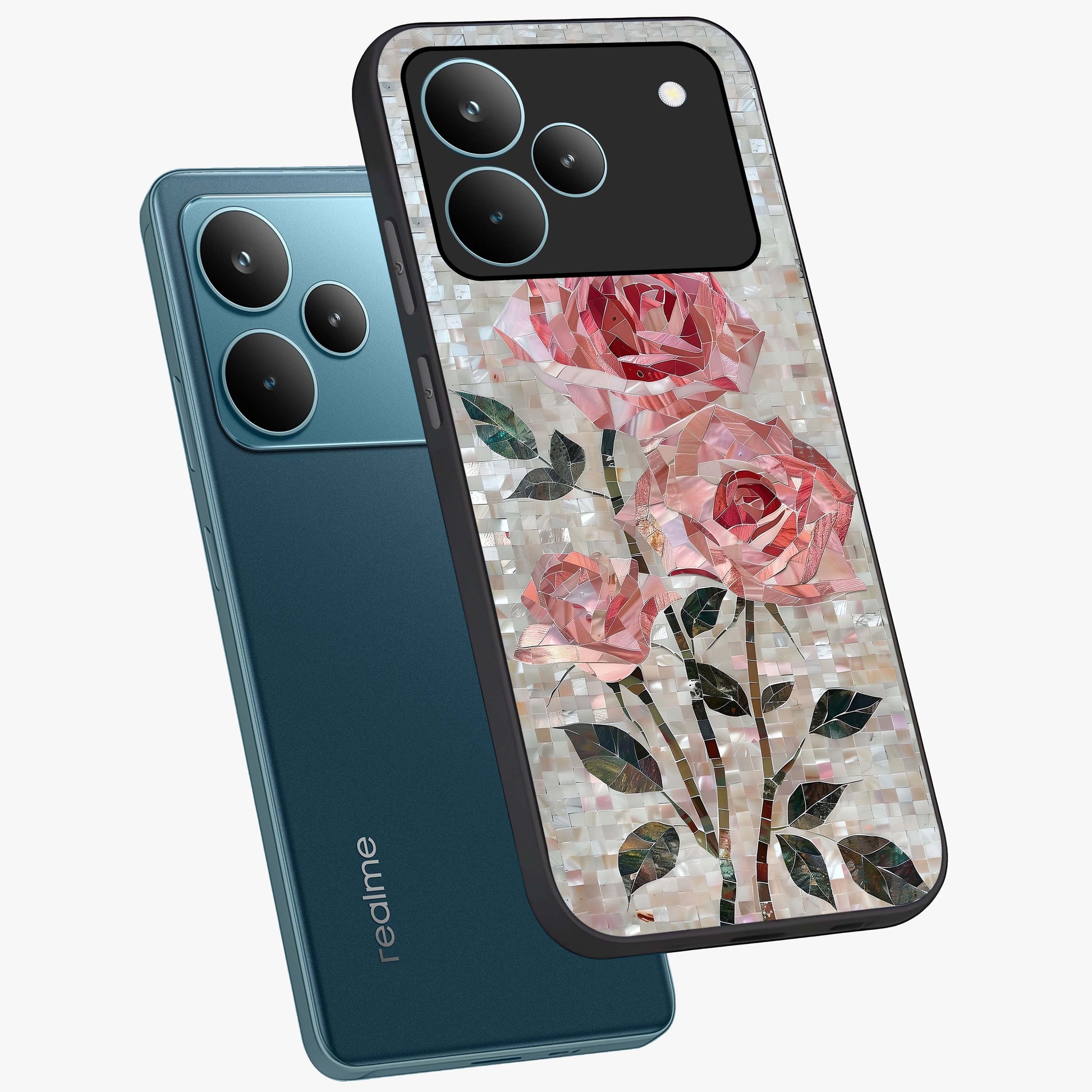 Blush Mosaic Bloom Glass Case displayed in angled mockup highlighting artistic mosaic flower pattern with aesthetic design.