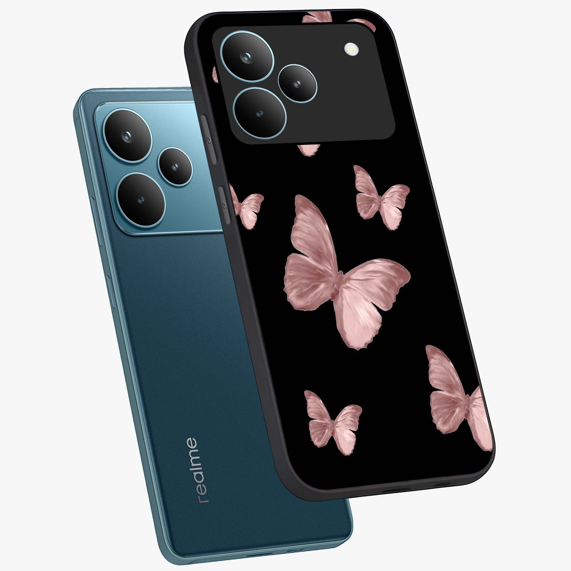 Butterfly Pattern Glass Case displayed in angled mockup highlighting delicate butterfly design and aesthetic pattern style.