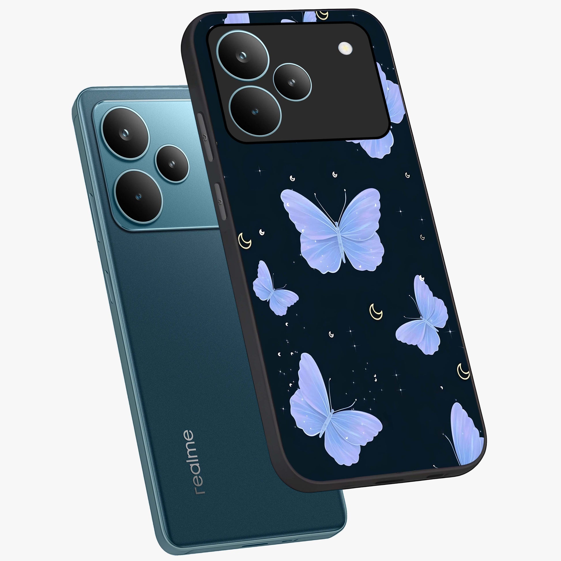 Butterfly With Stars Pattern Glass Case displayed in angled mockup highlighting dreamy butterfly and star design with aesthetic theme.