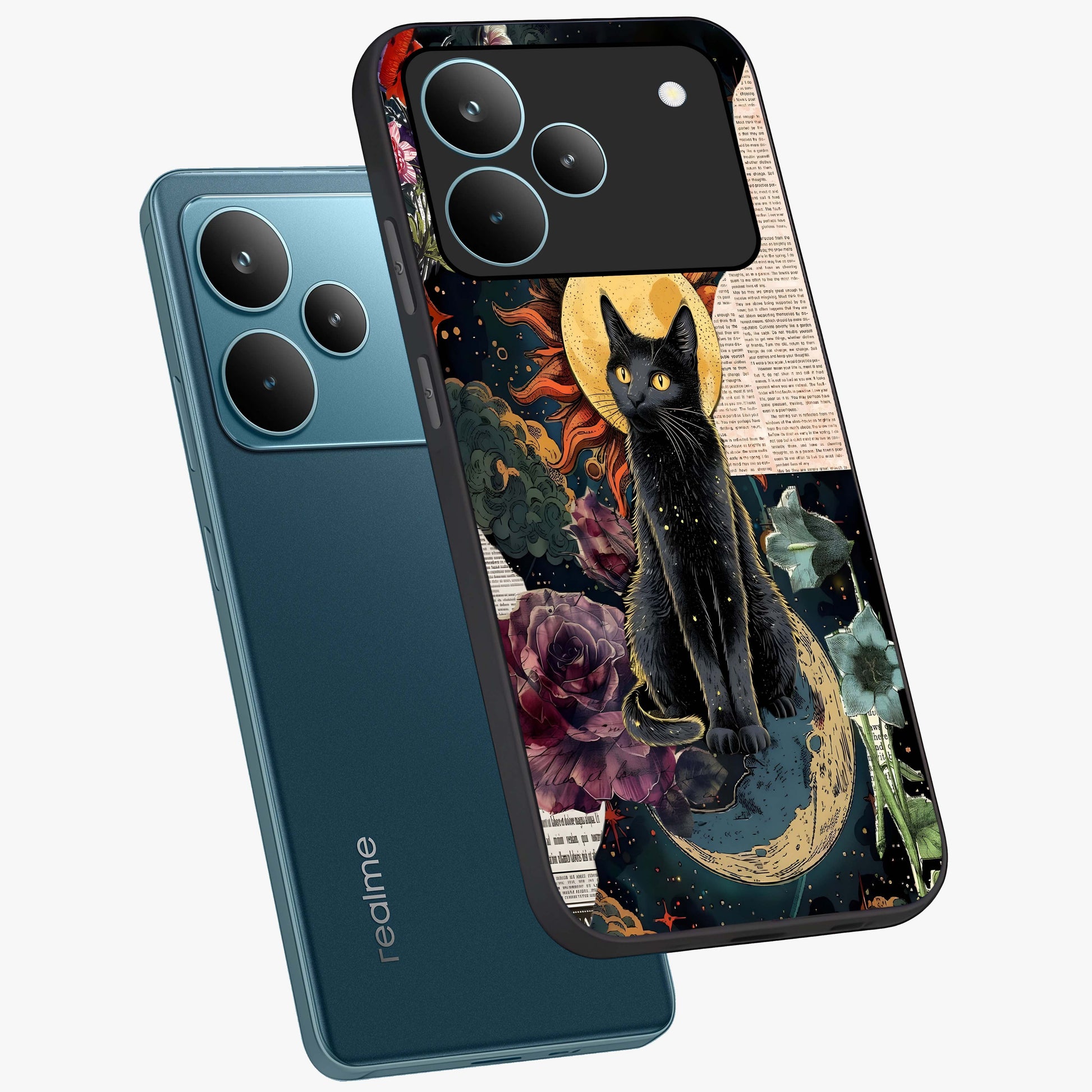 Celestial Black Cat Glass Case displayed in angled mockup highlighting cosmic black cat design with celestial aesthetic.