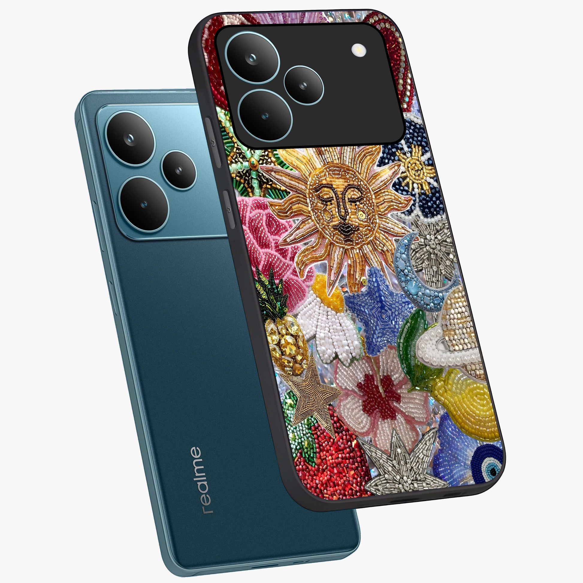Celestial Floral and Playful Glass Case displayed in angled mockup highlighting playful floral design with dreamy celestial elements.