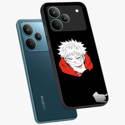 Crimson Chaos Smile Glass Case displayed in angled mockup highlighting edgy crimson smile design with graphic aesthetic.
