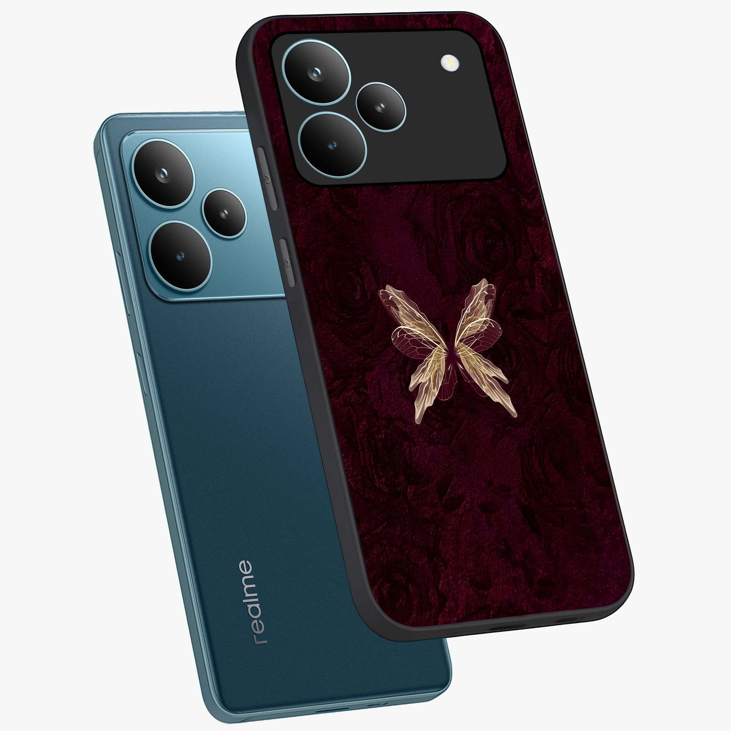 Crimson Fade Butterfly Glass Case displayed in angled mockup highlighting elegant butterfly design with crimson gradient aesthetic.