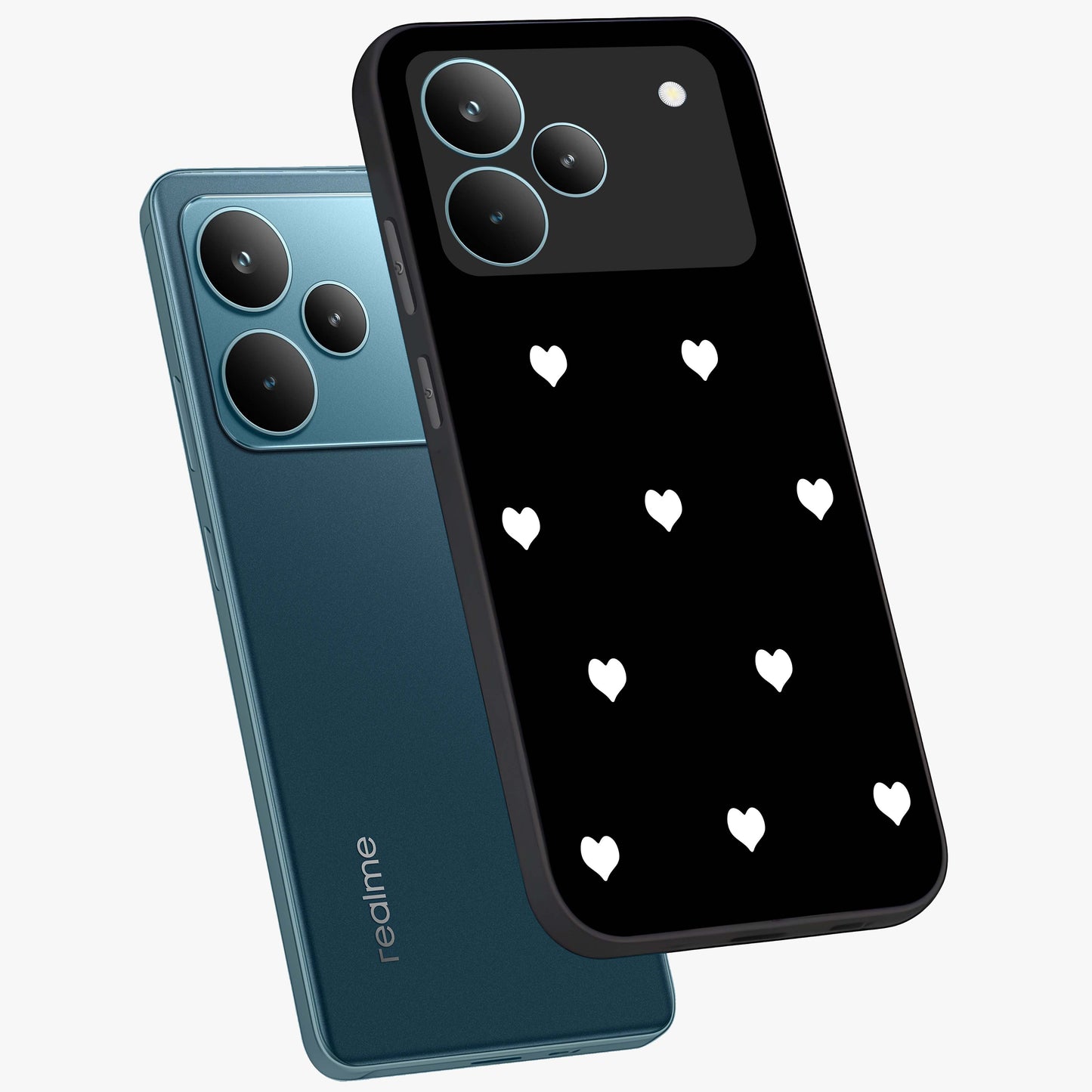 Cute And Simple White Hearts Glass Case displayed in angled mockup highlighting cute heart design with clean aesthetic style.