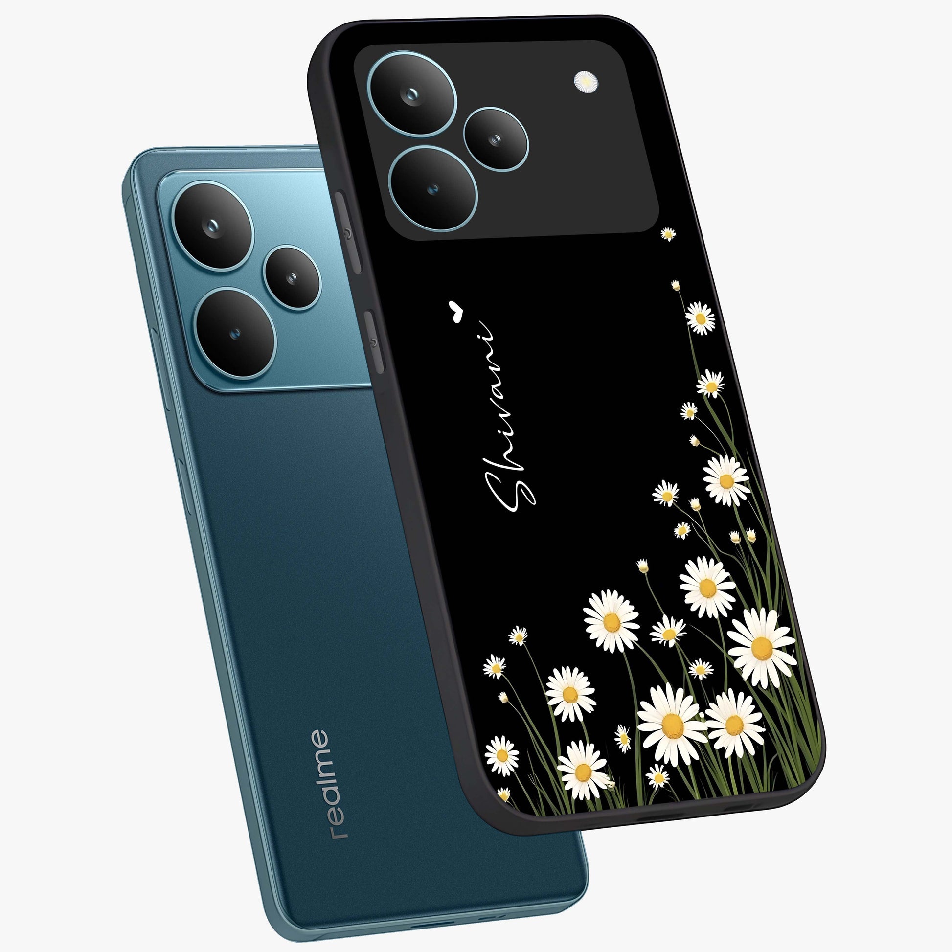 Daisy Cascade Custom Name Glass Case displayed in angled mockup highlighting delicate daisy artwork with custom name feature.
