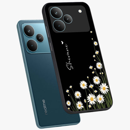 Daisy Cascade Custom Name Glass Case displayed in angled mockup highlighting delicate daisy artwork with custom name feature.