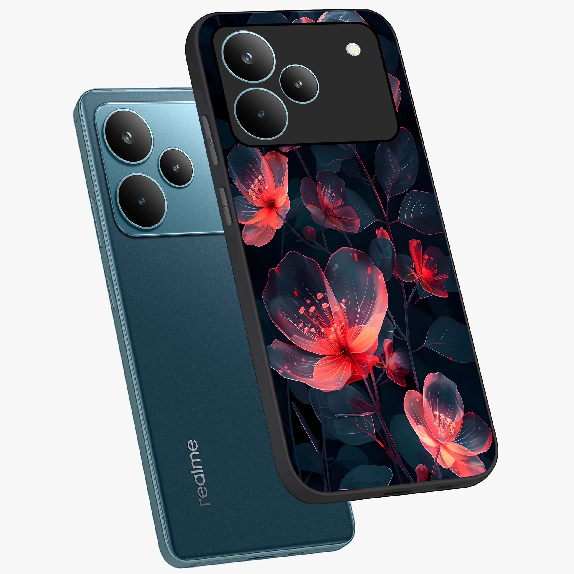 Dark Shade of Flower Glass Case displayed in angled mockup highlighting moody floral illustration with aesthetic dark tones.