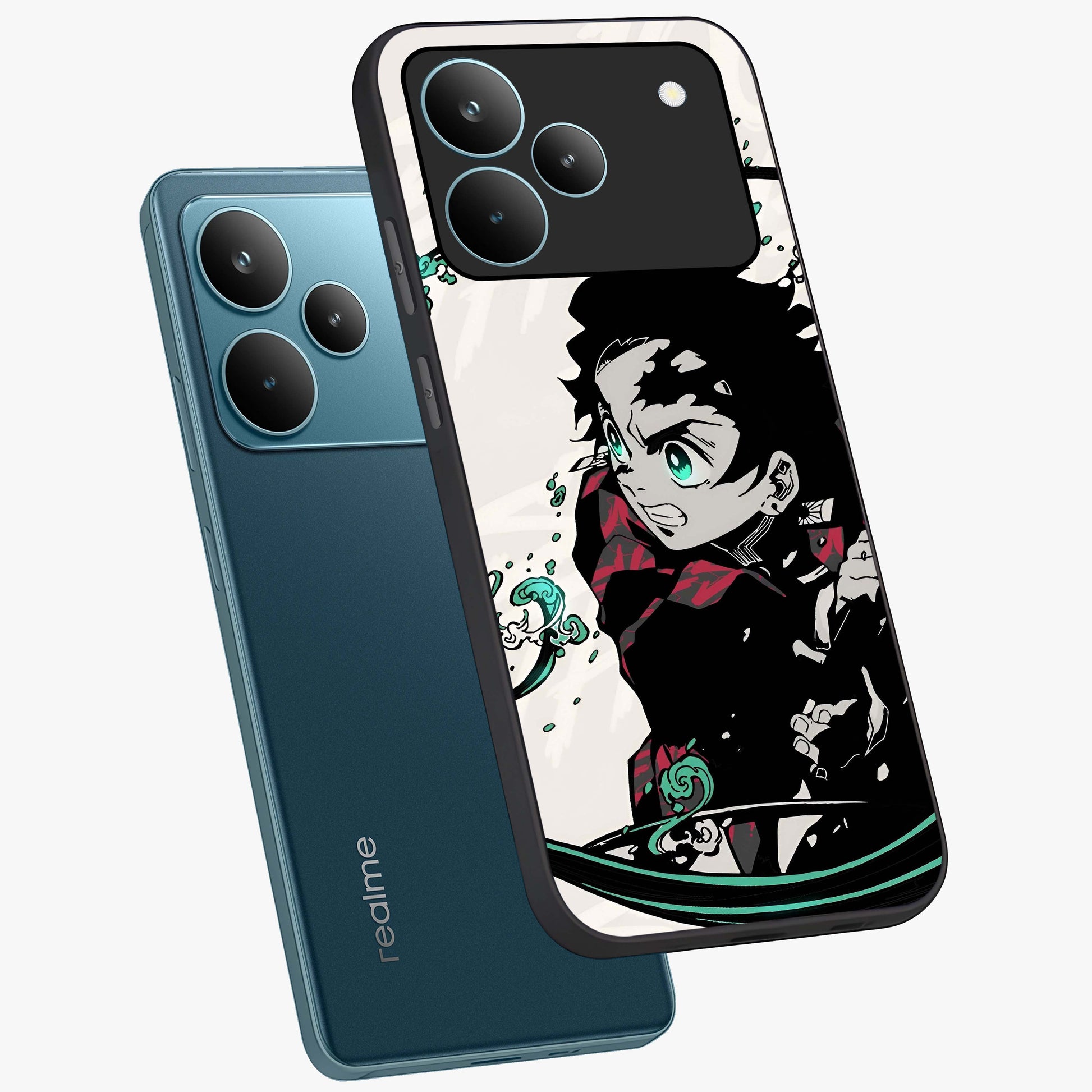 Demon Slayer Glass Case displayed in angled mockup highlighting dramatic anime character design with action aesthetic.