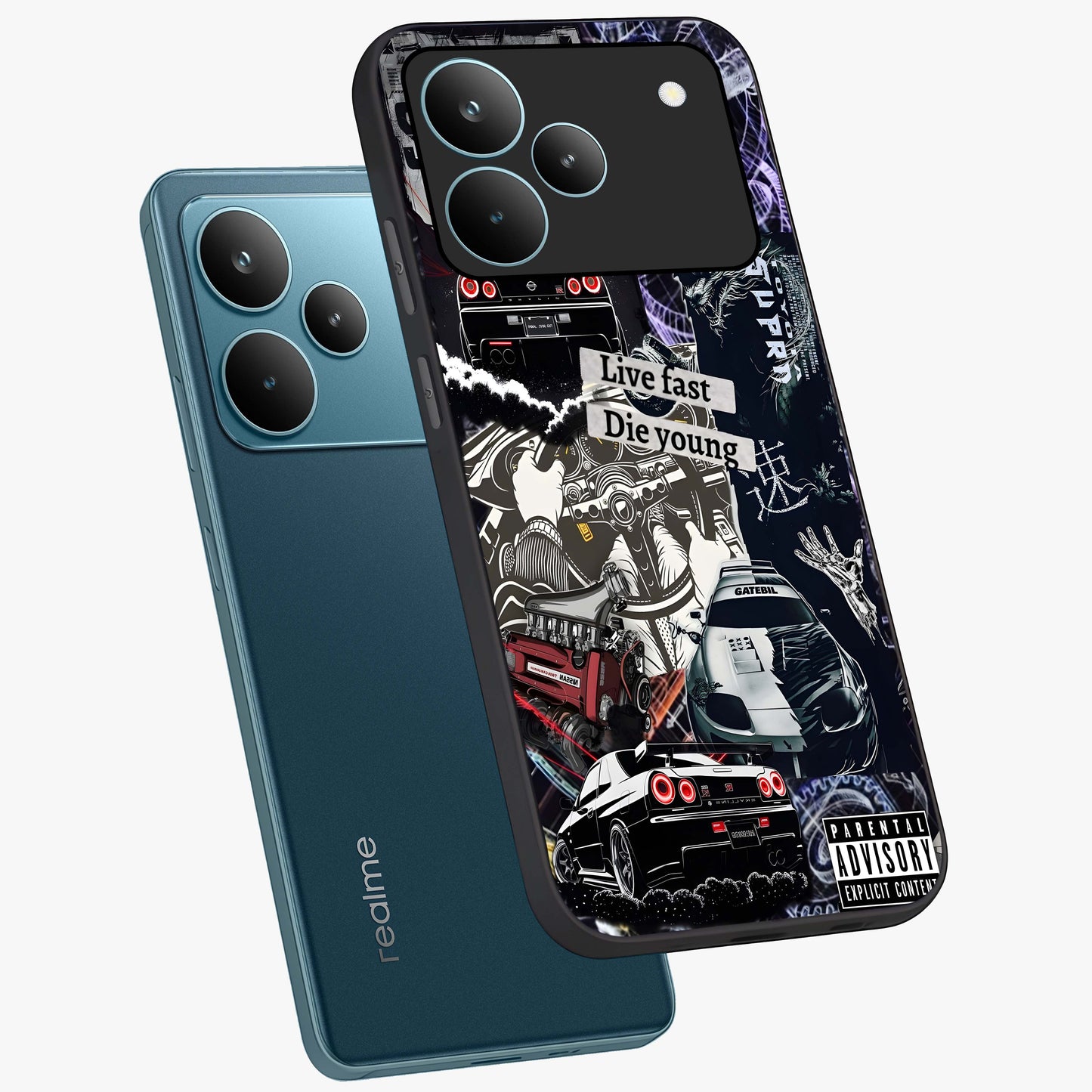 Die Young Glass Case displayed in angled mockup highlighting expressive graphic artwork with edgy aesthetic style.