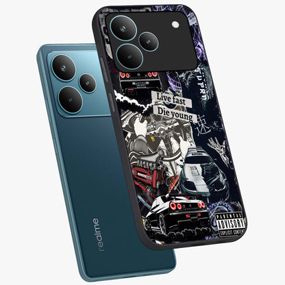 Die Young Glass Case displayed in angled mockup highlighting expressive graphic artwork with edgy aesthetic style.