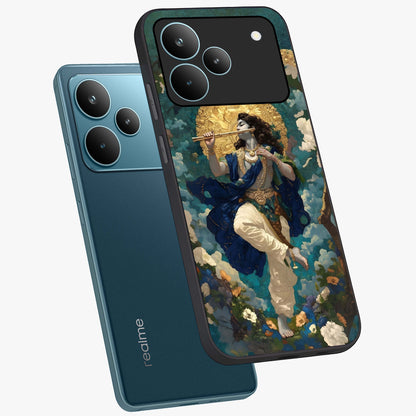 Divine Krishna Art Glass Case displayed in angled mockup highlighting spiritual Krishna illustration with devotional aesthetic.