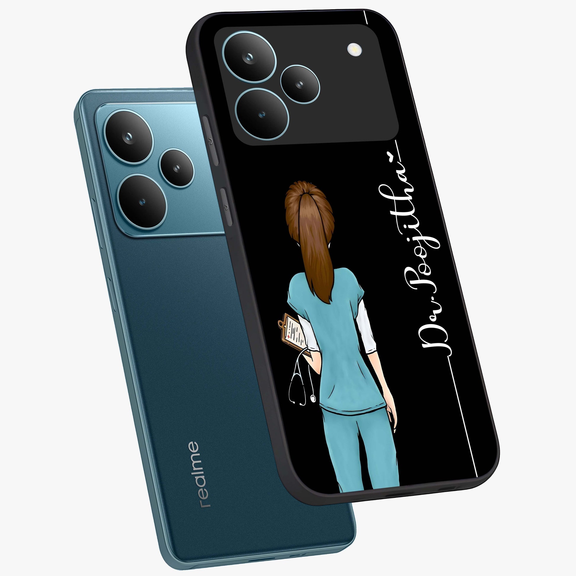 Doctor Pattern Custom Name Glass Case displayed in angled mockup highlighting doctor inspired artwork with custom name feature.