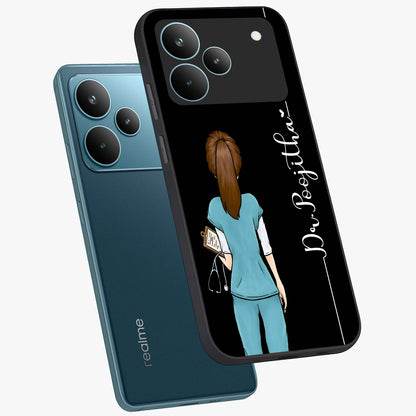 Doctor Pattern Custom Name Glass Case displayed in angled mockup highlighting doctor inspired artwork with custom name feature.