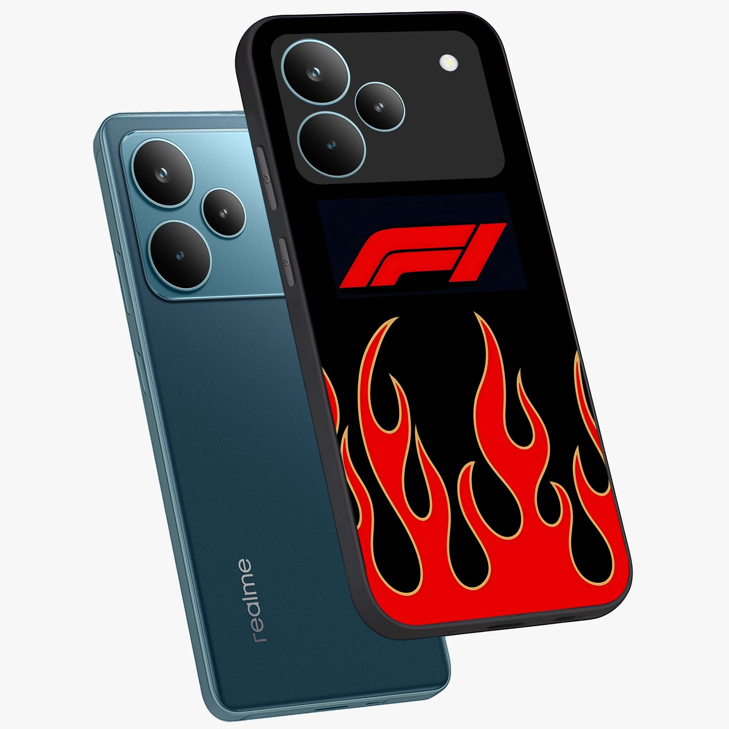Fire F11 Glass Case displayed in angled mockup highlighting bold fire inspired graphic with energetic aesthetic style.