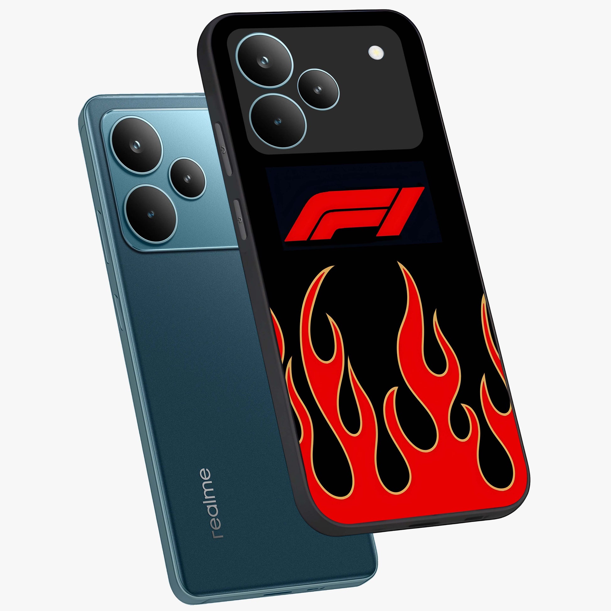 Fire F11 Glass Case displayed in angled mockup highlighting bold fire inspired graphic with energetic aesthetic style.