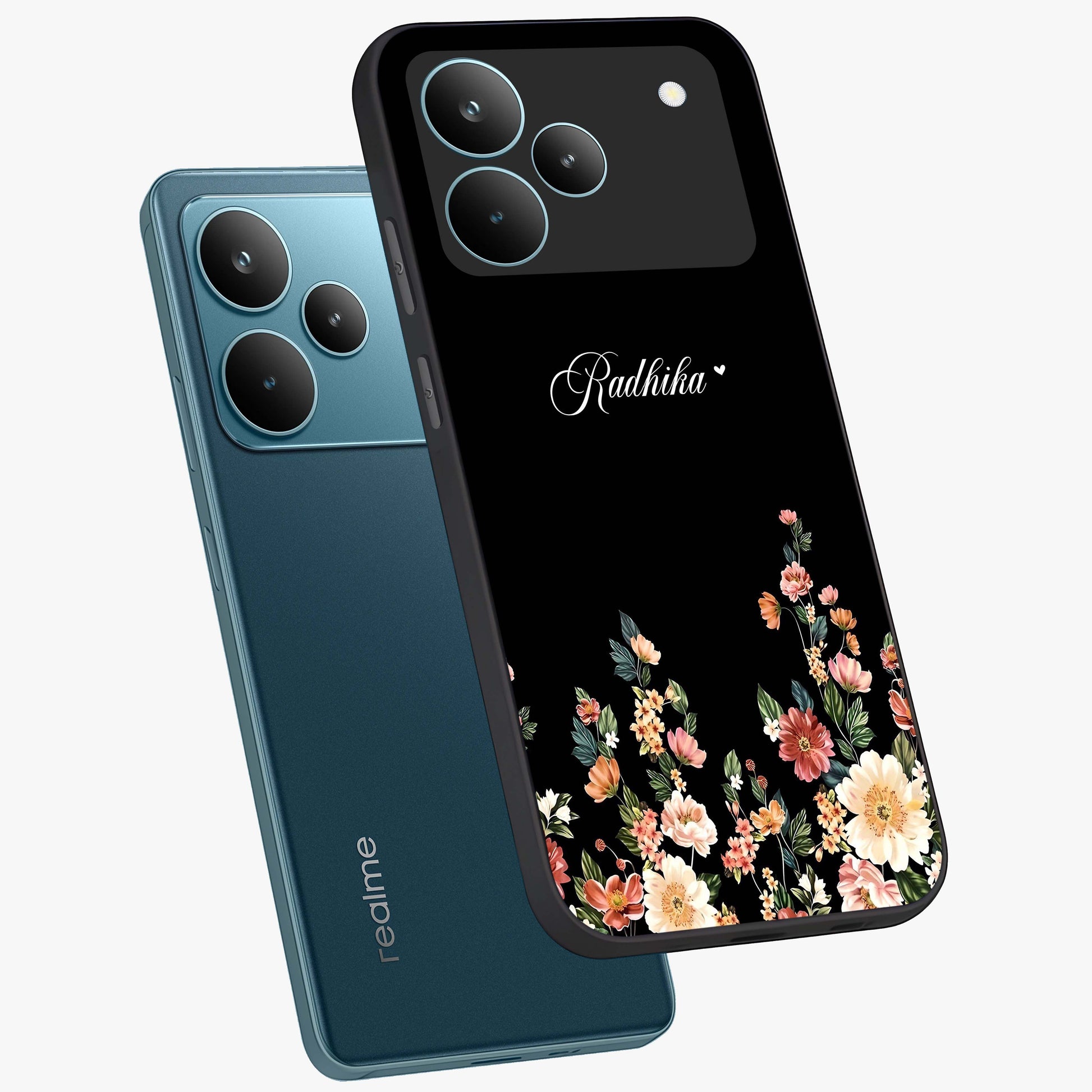 Floral Design With a Custom Personalized Name Glass Case displayed in angled mockup highlighting elegant floral pattern with custom name feature.