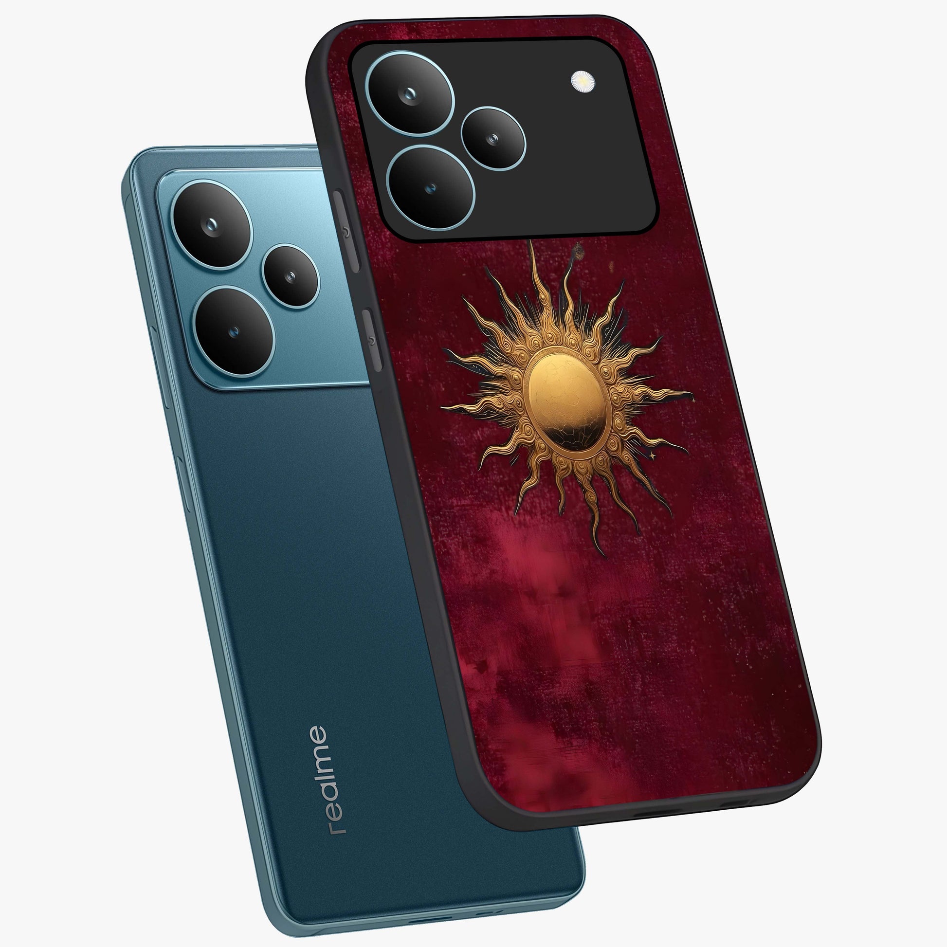 Golden Sun Minimalism Glass Case displayed in angled mockup highlighting clean sun symbol design with modern minimal aesthetic.