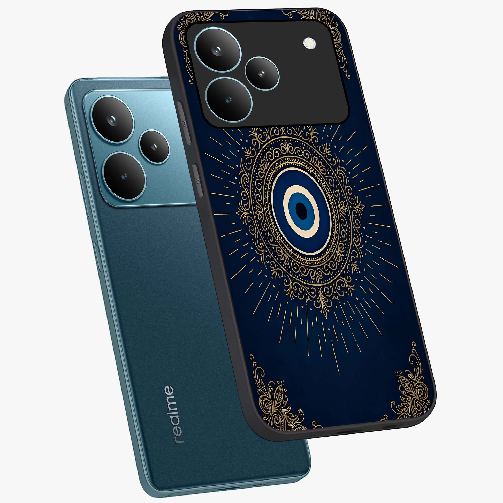 Golden Celestial Charm Glass Case displayed in angled mockup highlighting sparkling cosmic charm design with celestial aesthetic.