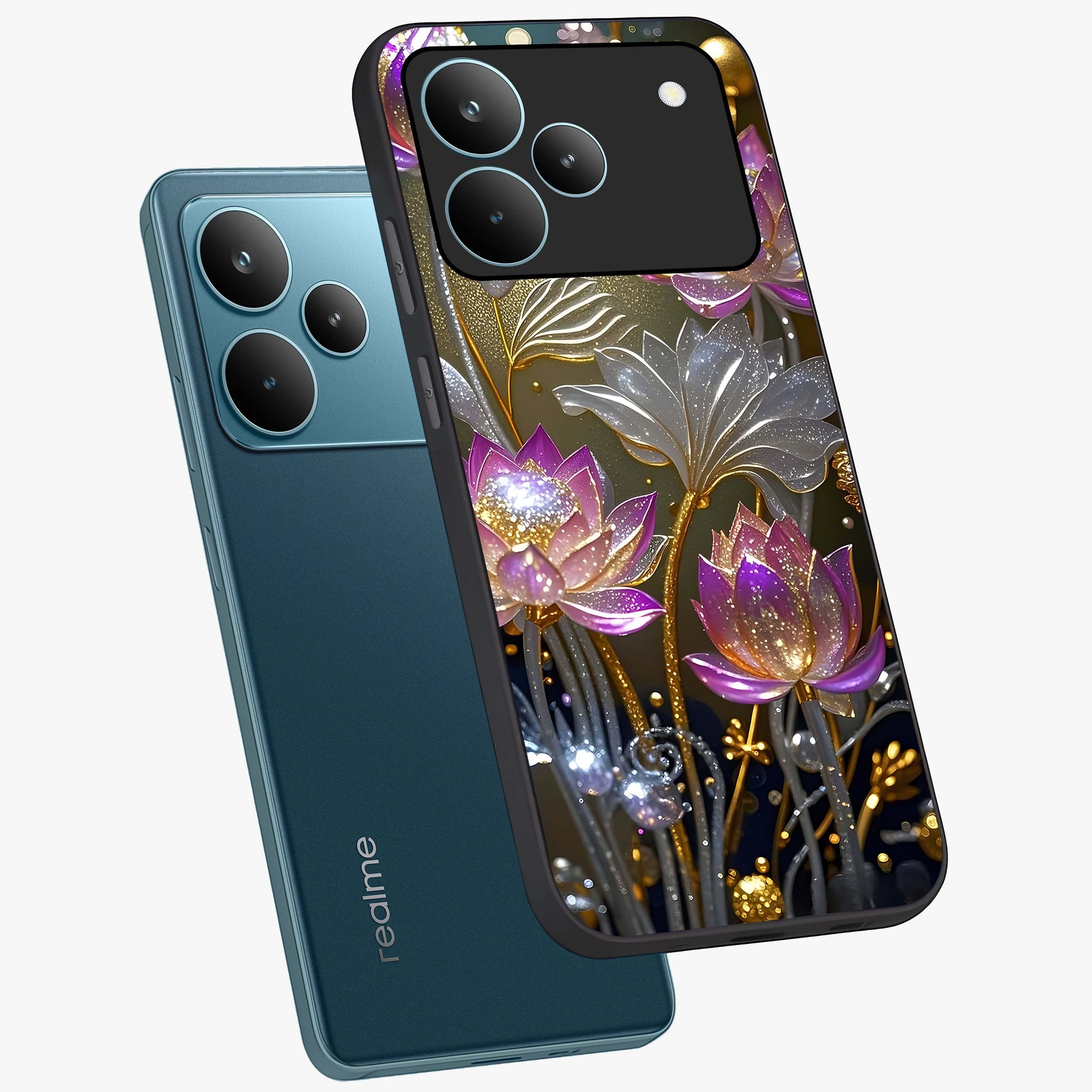 Golden Floral Majesty Glass Case displayed in angled mockup highlighting elegant flower design with royal golden aesthetic.