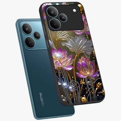 Golden Floral Majesty Glass Case displayed in angled mockup highlighting elegant flower design with royal golden aesthetic.