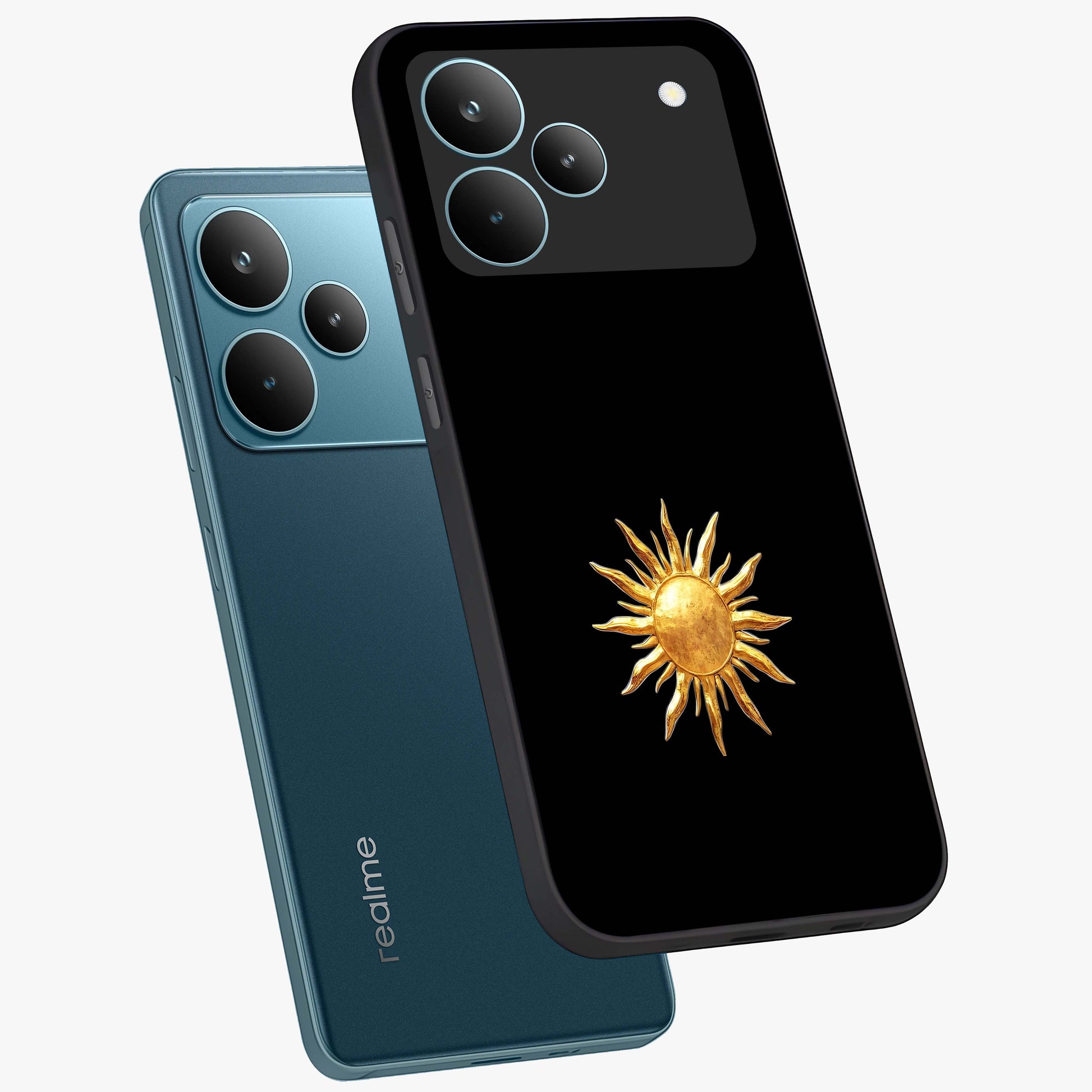 Golden Sun Minimalism Glass Case displayed in angled mockup highlighting eerie shadow illustration with gothic aesthetic.