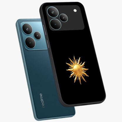 Golden Sun Minimalism Glass Case displayed in angled mockup highlighting eerie shadow illustration with gothic aesthetic.