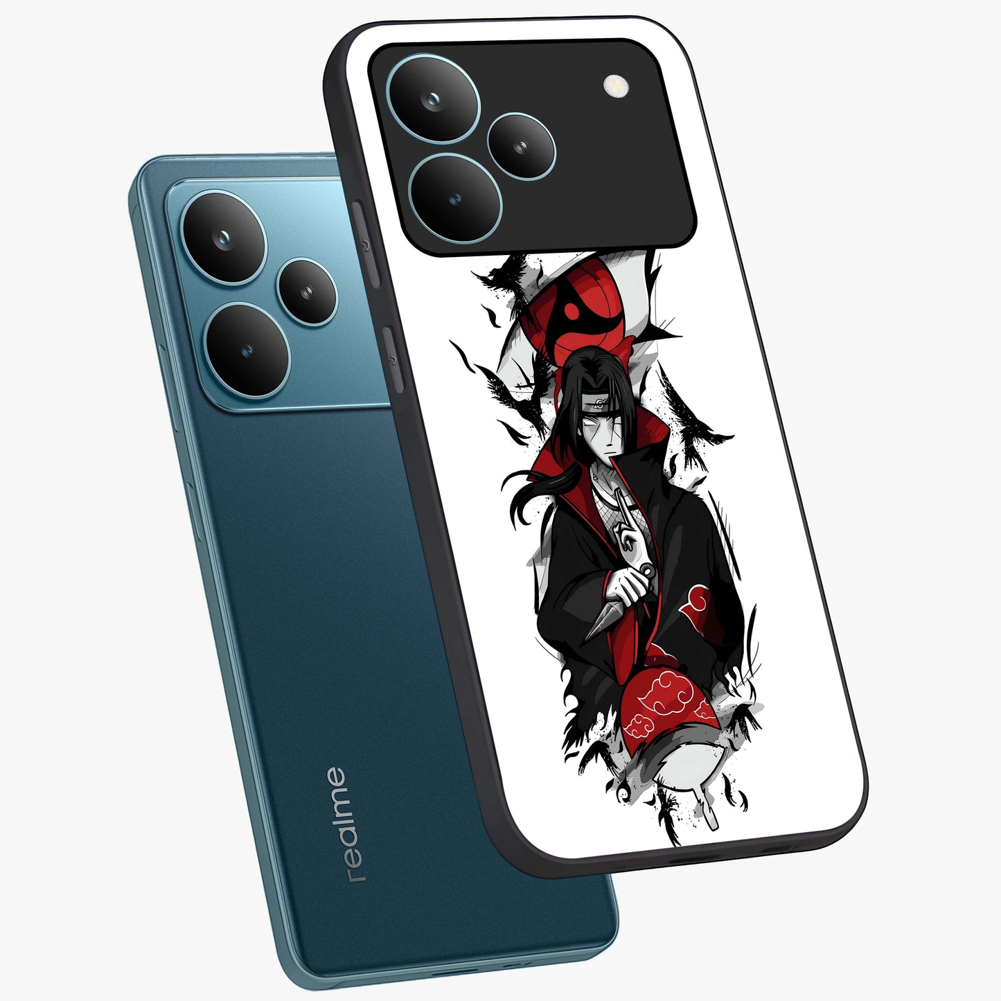 Itachi Limited Edition Naruto Anime Glass Case displayed in angled mockup highlighting dramatic anime illustration with bold action aesthetic.