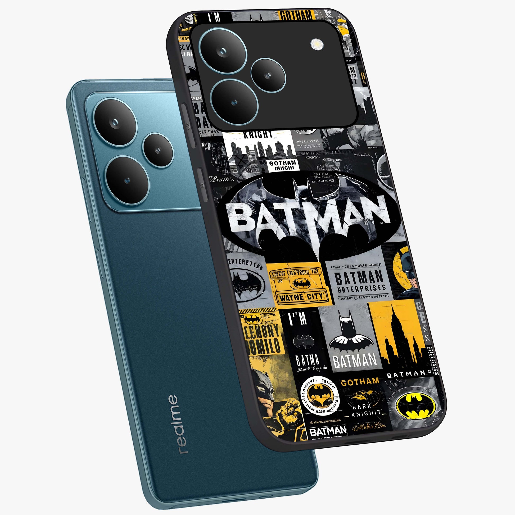 Knight Gotham Rise Glass Case displayed in angled mockup highlighting powerful knight silhouette design with dramatic aesthetic.