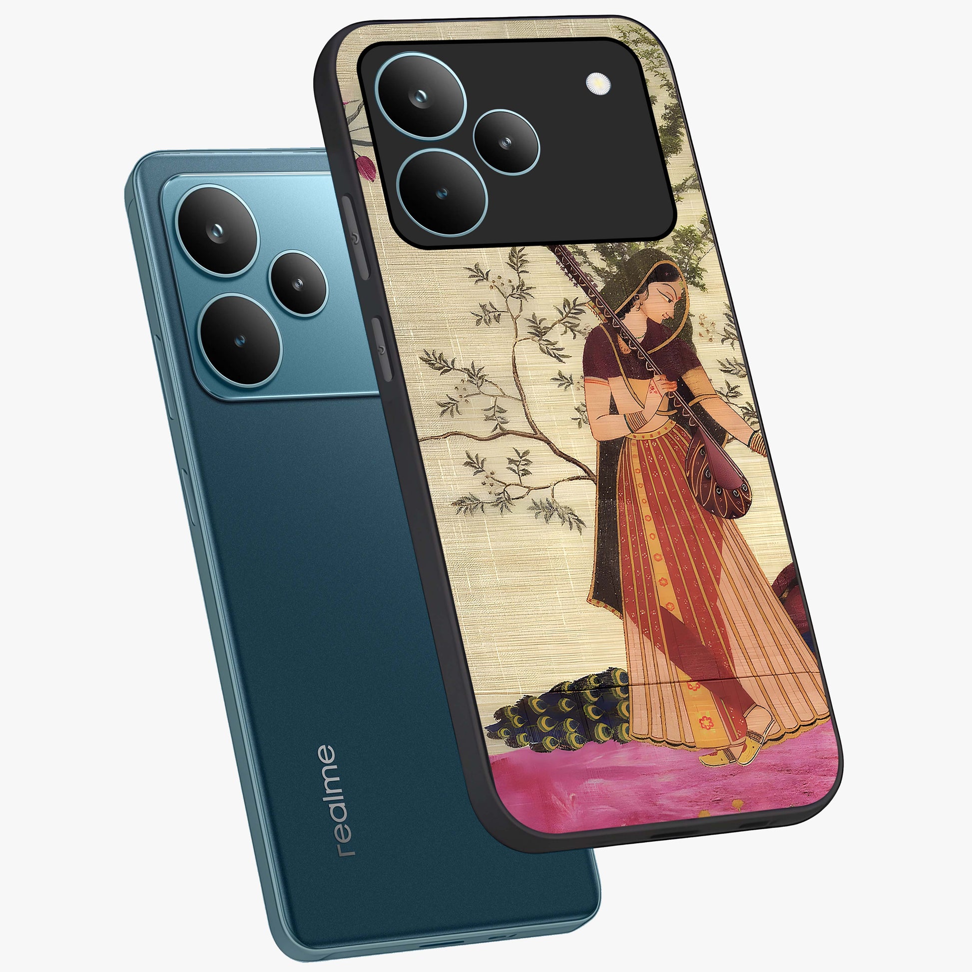 Lady With Veena Art Glass Case displayed in angled mockup highlighting graceful musical illustration with cultural artistic aesthetic.