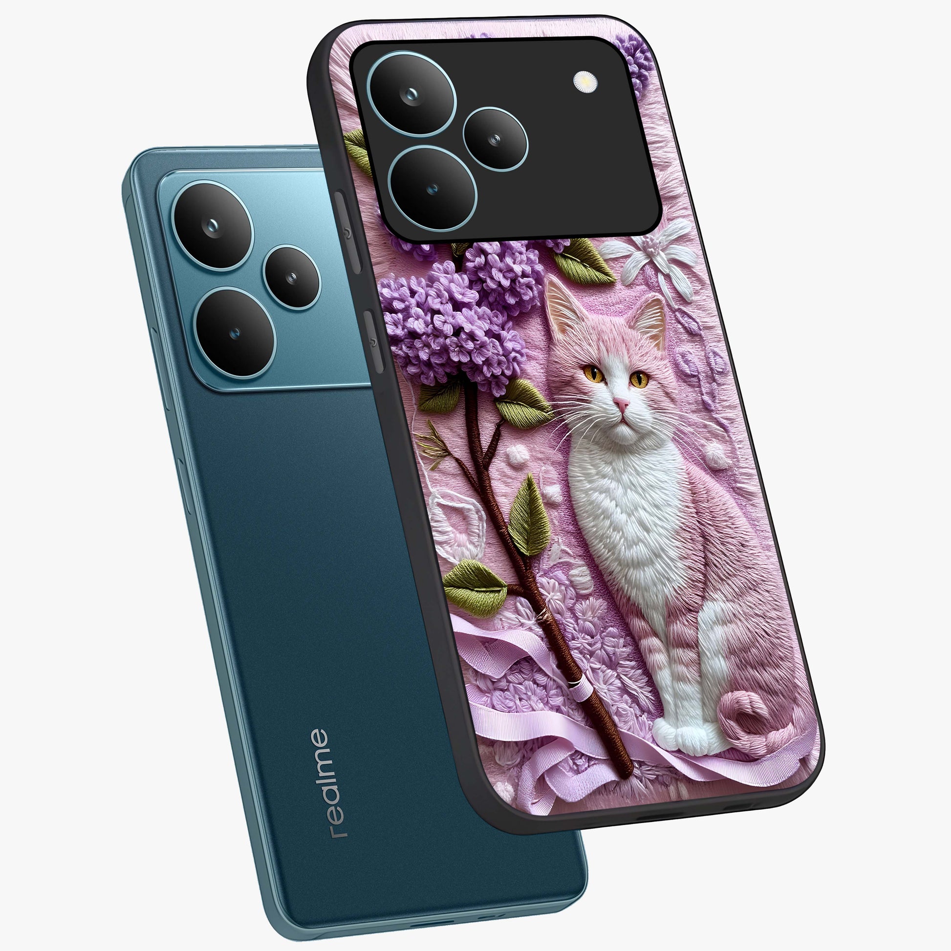 Lavender Cat Whimsy Glass Case displayed in angled mockup highlighting playful feline illustration with pastel lavender aesthetic.