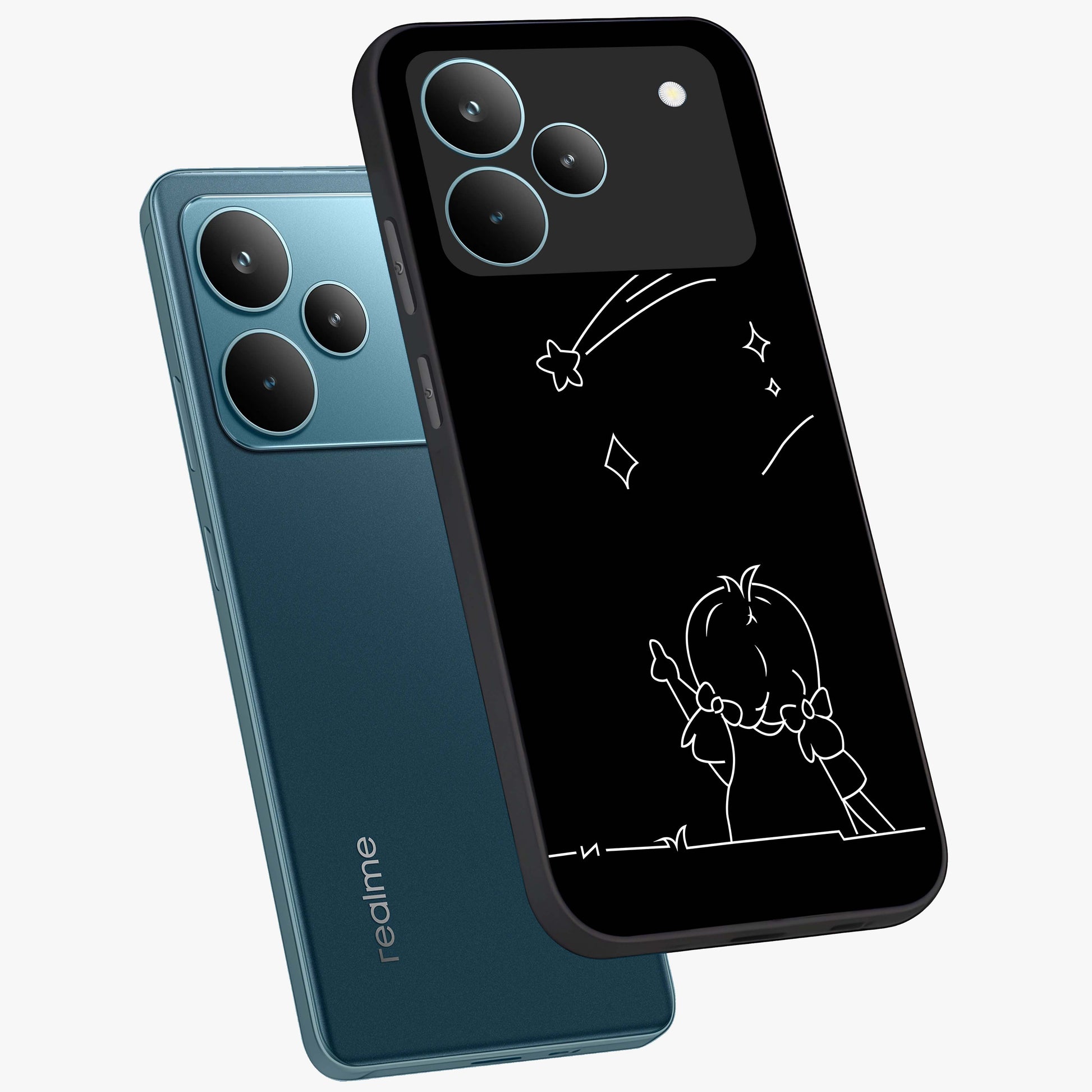 Line Art Girl With Shooting Stars Glass Case displayed in angled mockup highlighting elegant line art design with dreamy star aesthetic.