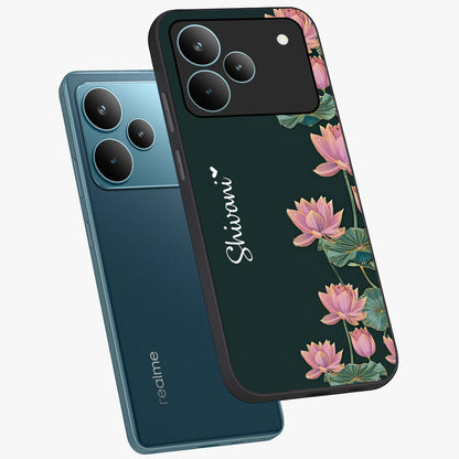 Lotus Bloom Serenity Custom Name Glass Case displayed in angled mockup highlighting graceful lotus illustration with custom name feature.