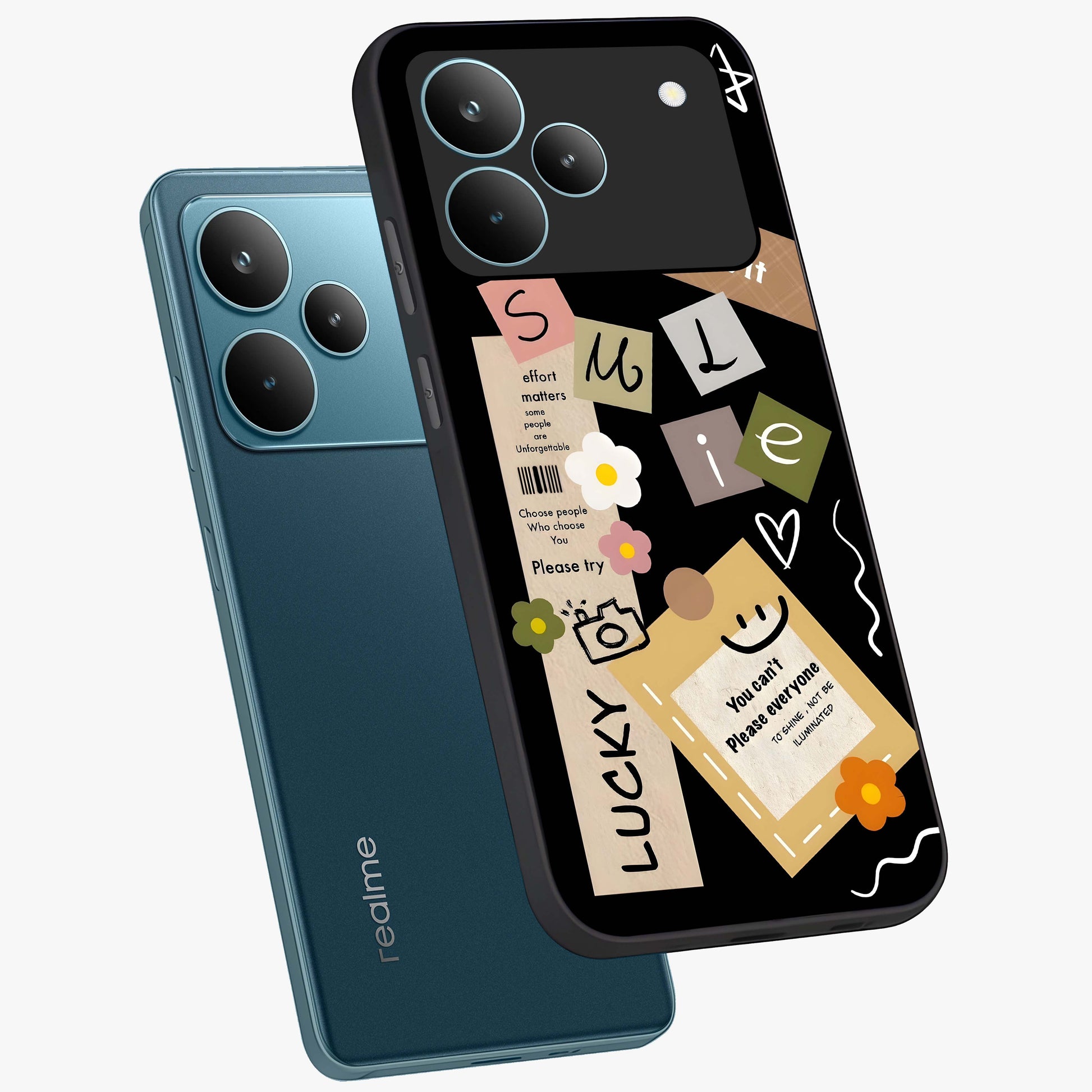 Lucky Aesthetic Collage Glass Case displayed in angled mockup highlighting stylish collage pattern with modern aesthetic vibe.